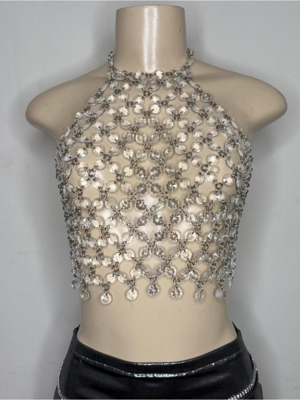 Adjustable Crystal Halter Crop Top - Silver Clear